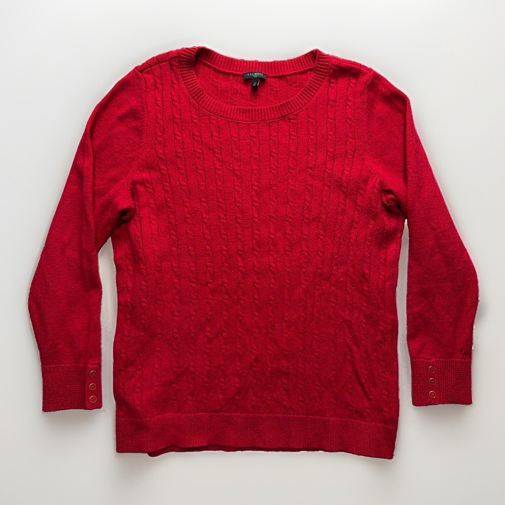 Talbots Plus Women 1X Red Cable Knit Classic Preppy Button Long Sleeve Sweater